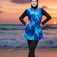 مايوه بوركيني 3 قطع ضد المياه تونك وبنطلون وبندانه واستمتعي بصيفك بأناقة وخفة