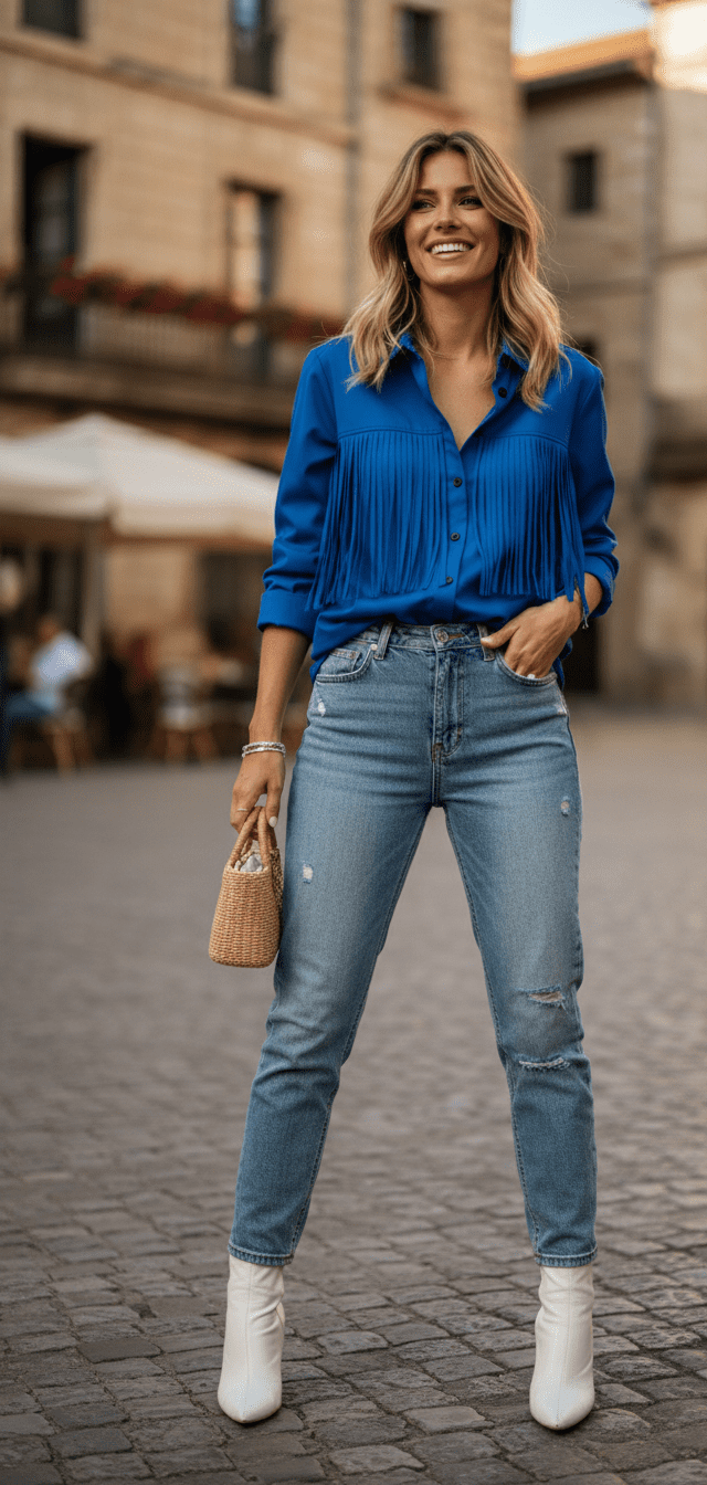 Gemini_Generated_Image_s4qsw4s4qsw4s4qs بلوزة لونها أزرق ملكي جذاب تصميمها العصري مع تفصيلة شراشيب كثيفة تمنحها مظهراً فريداً ومتحركاً.