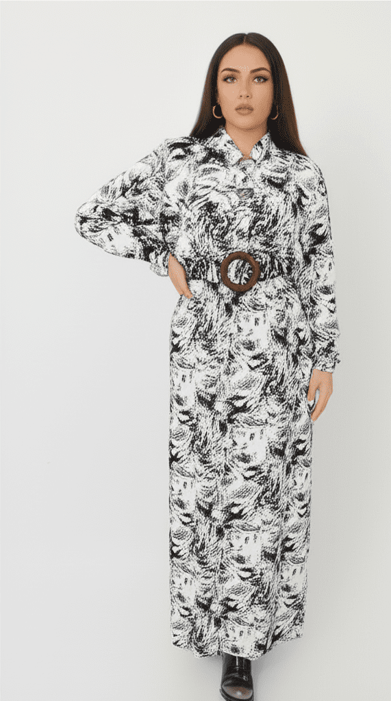 فستان صيفي مشجر طويل ملون باكمام طويلة للنساء تلبيس حتى 80 ك لون ابيض * اسود