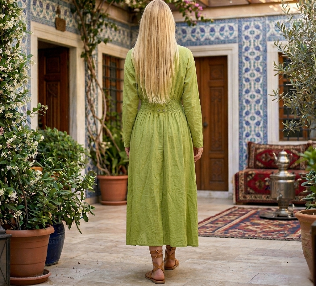 فستان طويل أنيق بلون أخضر ليموني يغلق بازرار من منتصف الخصر تصميم عصري