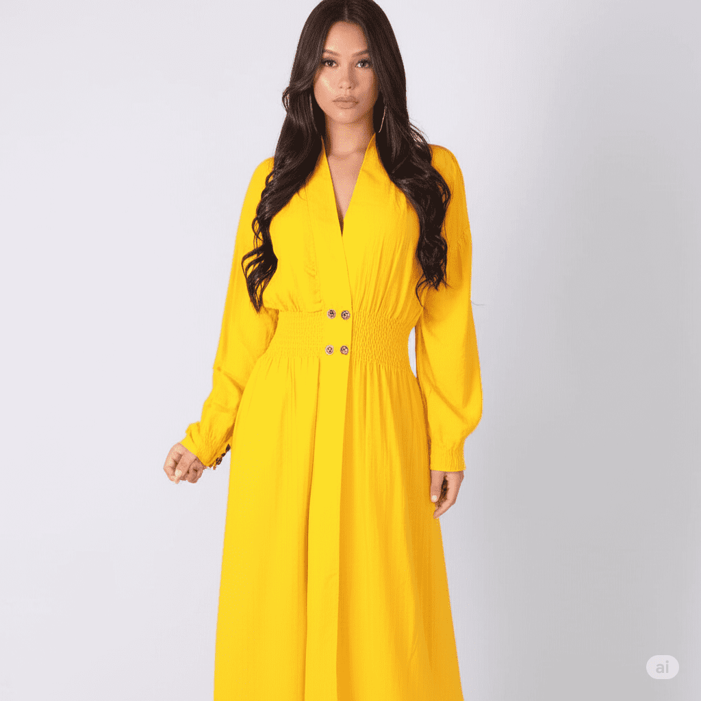 فستان طويل  مفتوح أنيق بلون أصفر خردلي يغلق بازرار من منتصف الخصر تصميم عصري