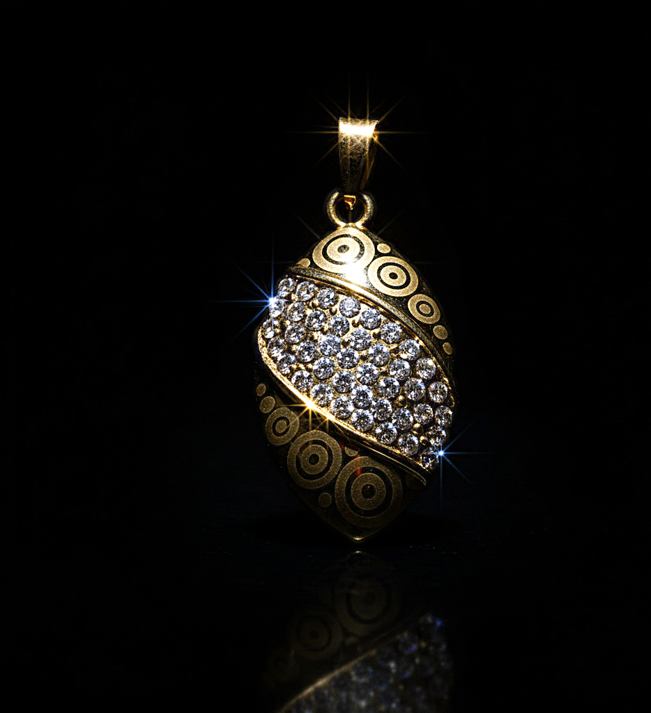 دلاية بيضاوي نصفها مرصّع بالكامل بأحجار الكريستال البراقة التي تخطف الأنظار،