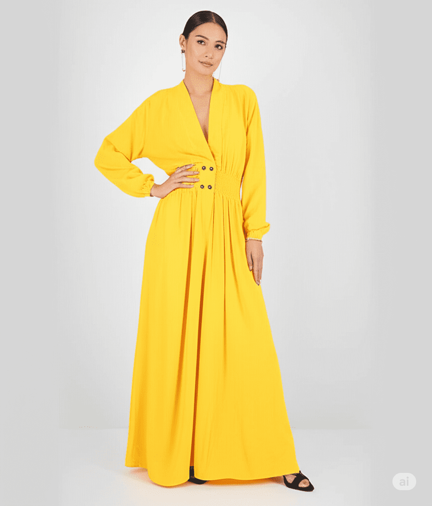 فستان طويل  مفتوح أنيق بلون أصفر خردلي يغلق بازرار من منتصف الخصر تصميم عصري