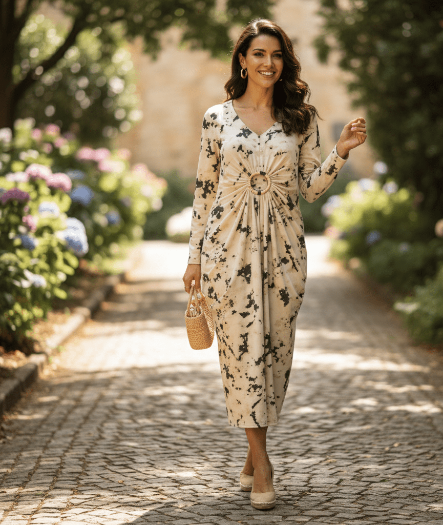 Gemini_Generated_Image_yoo5ciyoo5ciyoo5 فستان طويل وفضفاض جداً، تتميز بتصميم فريد يجمع بين الأناقة والراحة، مع نقوش تجريدية مميزة.