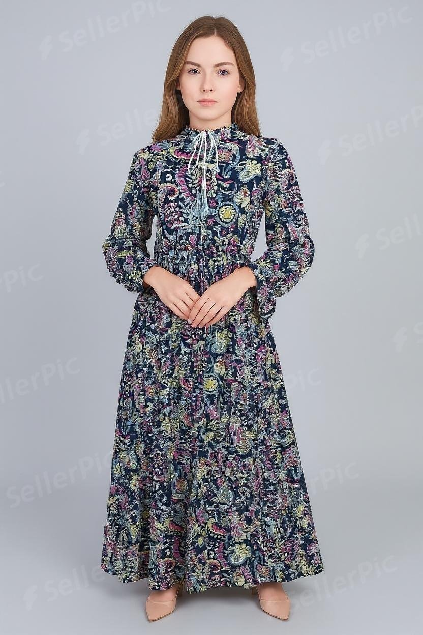 c76261b6f10b480487c9450a4f608662watermark فستان طويل وفضفاض، يتميز بتصميم مريح وعصري، وتغلب عليه النقوش الملونة.