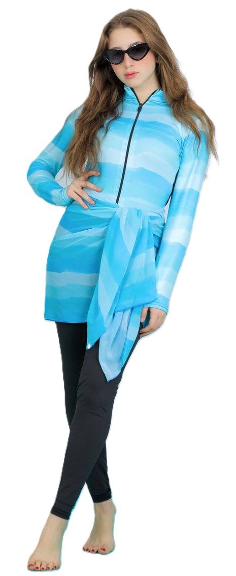 مايوه بناتي قطعتين سوت بكم كامل وبنطلون وشال باللون الأزرق السماوي الملائكي