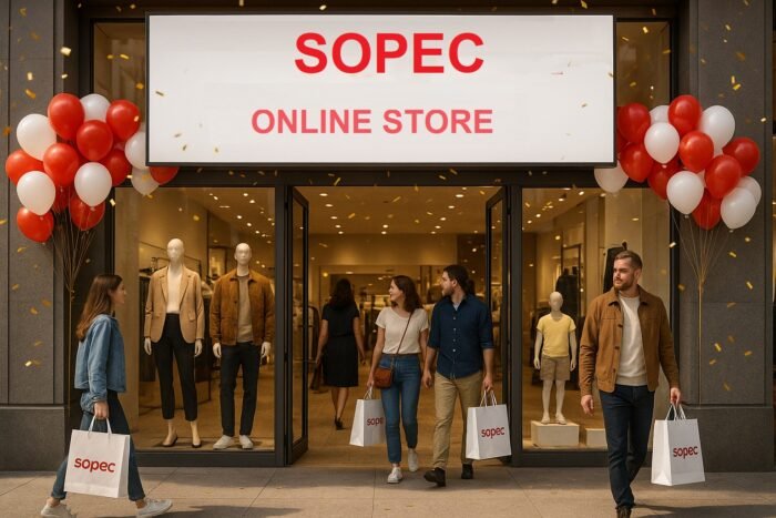 واجهة متجر SOPEC الزجاجية مزينة بالبالونات، وزبائن يحملون حقائب مشتريات بيضاء عليها شعار SOPEC"