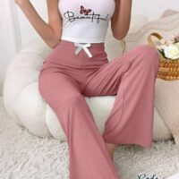 بيجاما توب ابيض حمالة وبنطلون فري سايز حتى 75 كيلو