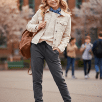 فتاة ترتدي بنطلون رمادي