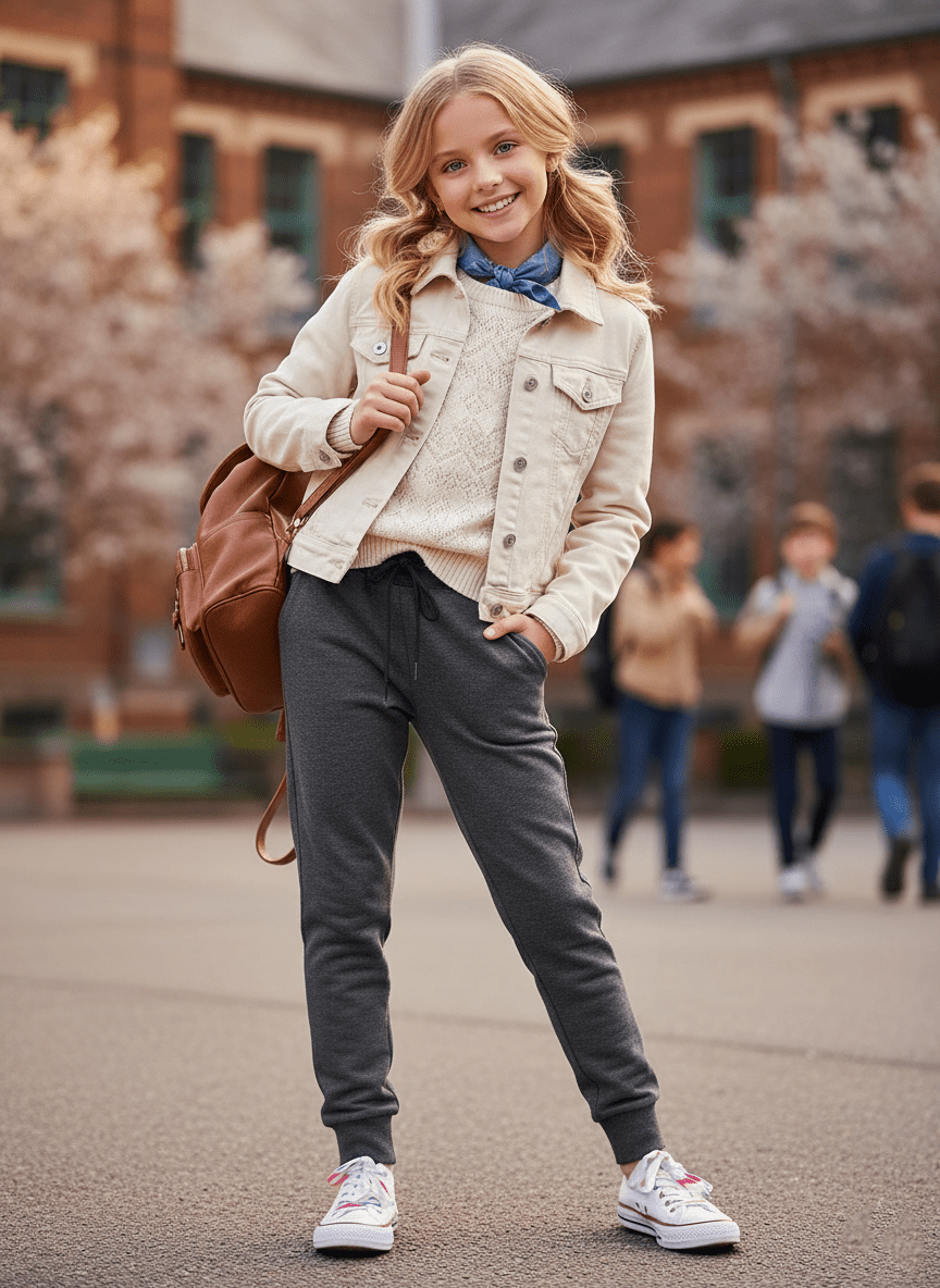 فتاة ترتدي بنطلون رمادي