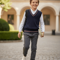 صبي يرتدي زي مدرسي رادي و ازرق داكن