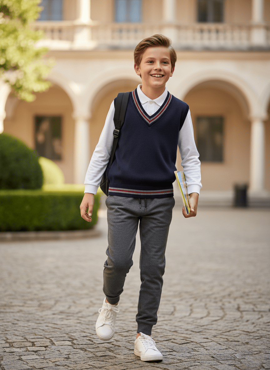 صبي يرتدي زي مدرسي رادي و ازرق داكن