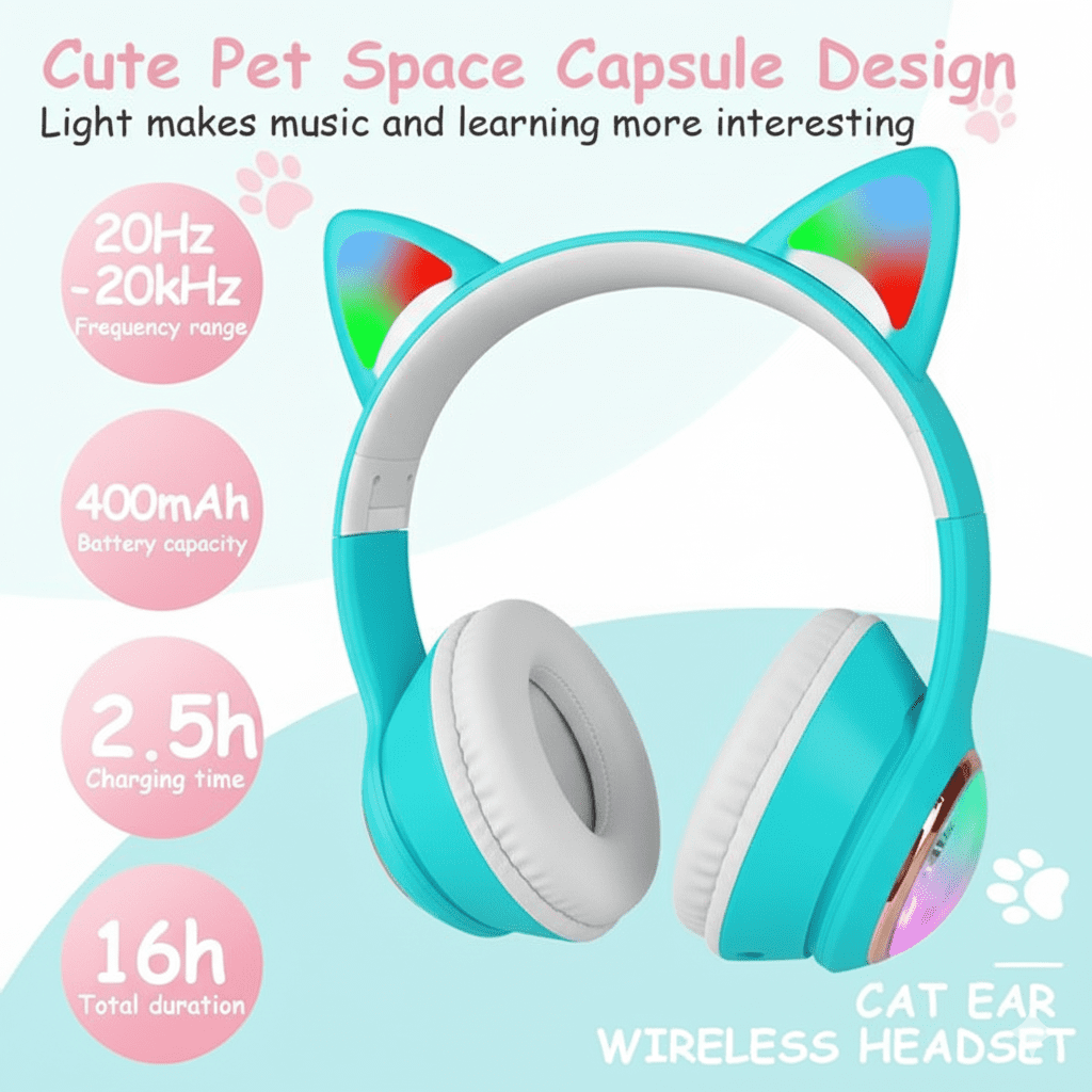 Gemini_Generated_Image_d8wqx2d8wqx2d8wq سماعات راس بلوتوث لاسلكية للاطفال ، سماعات راس قابلة للطي للبنات فوق الاذن، اذني قطة لطيفة، قابلة للطي، صوت لاسلكي للاطفال، سماعات بلوتوث 5.0 للتابلت/الجوال/الكمبيوتر