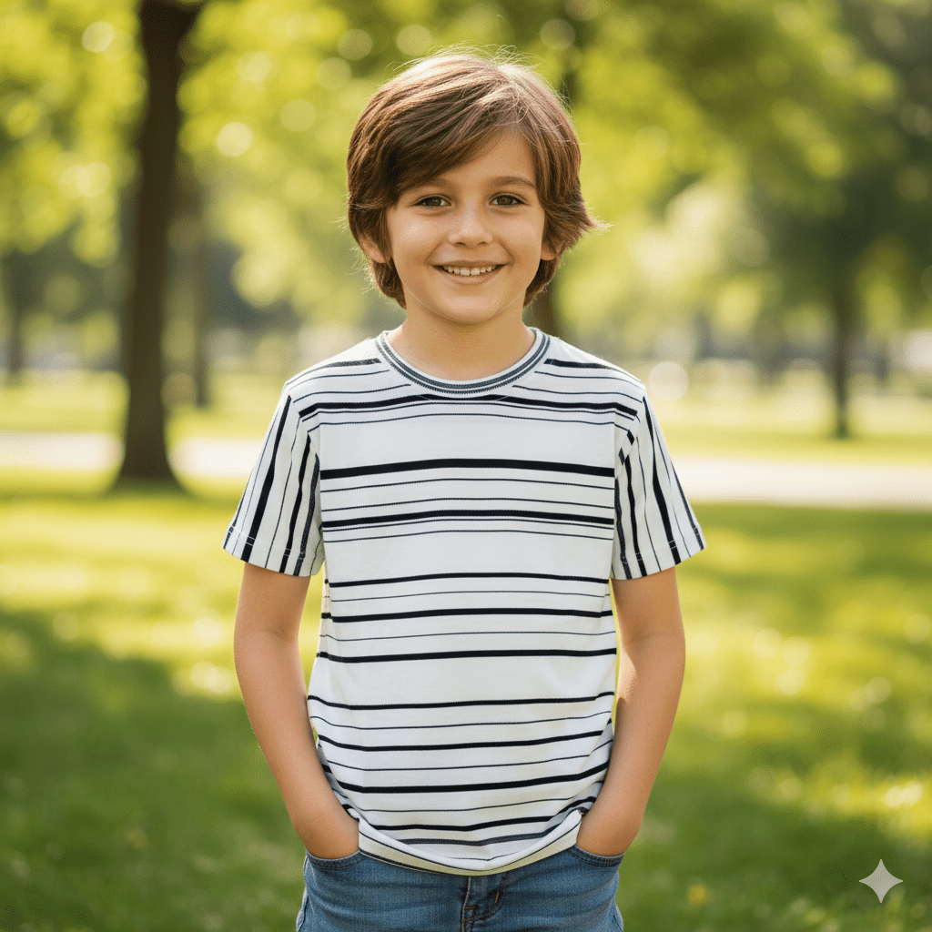 Gemini_Generated_Image_g4yrg2g4yrg2g4yr تيشيرت عصري بخطوط أنيقة، يجمع بين الأناقة والراحة ياقة دائرية كم قصير