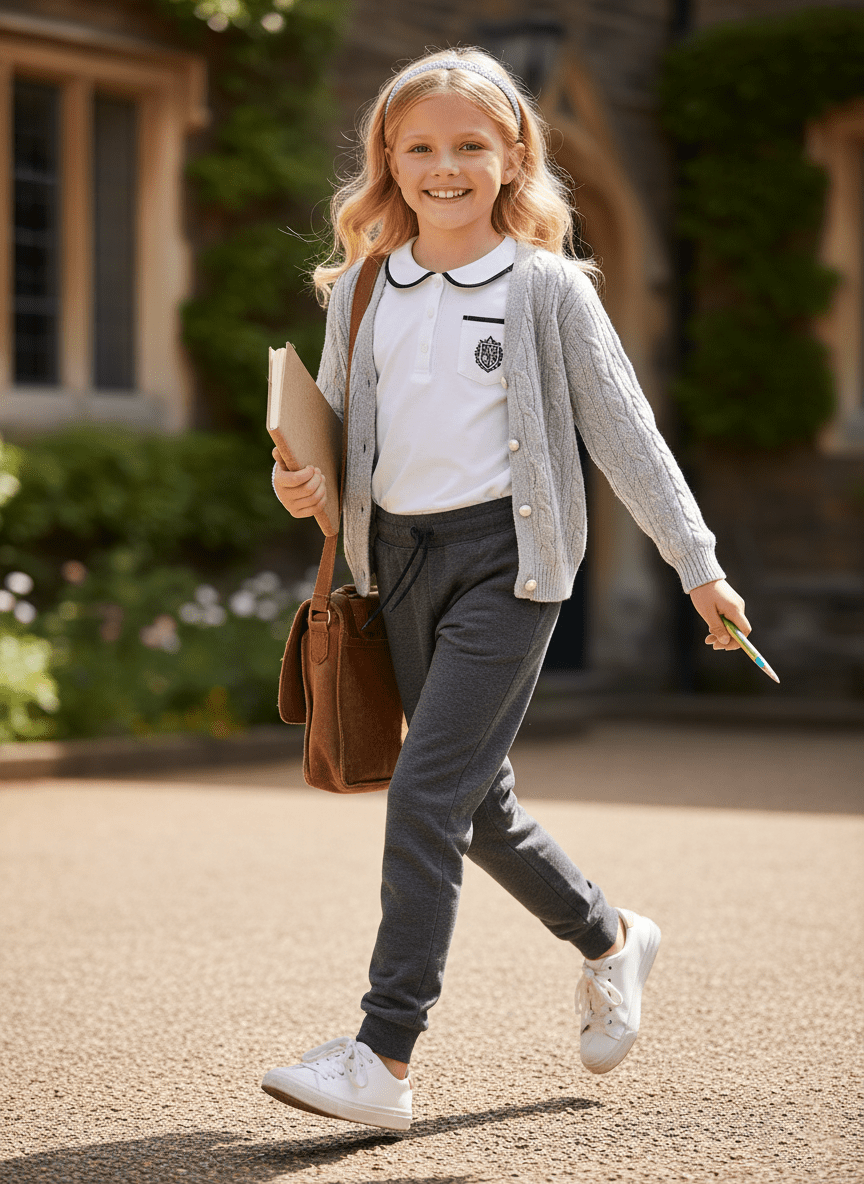 فتاة ترتدي زي مدرسي رمادي
