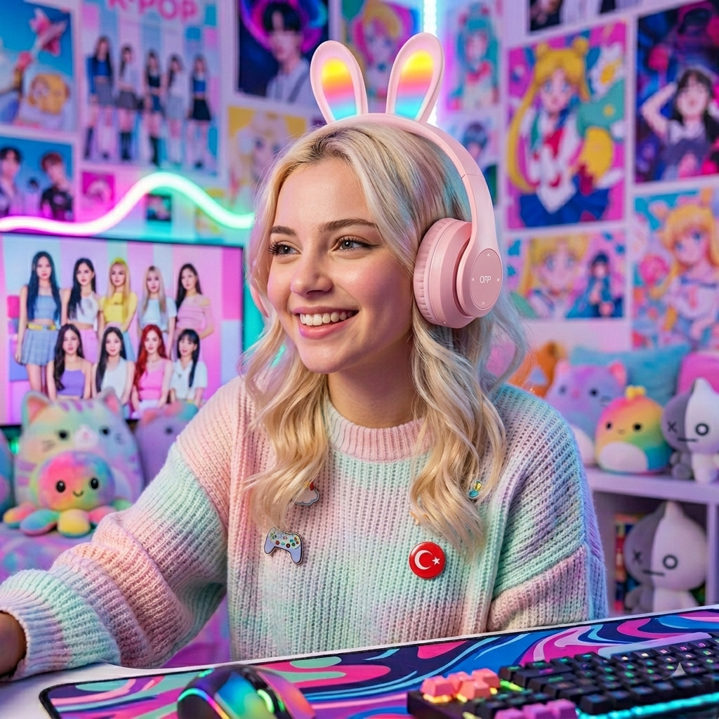 سماعة بلوتوث لاسلكية بتصميم لطيف بإضاءة LED، لون وردي، فوق الأذن للأطفال والبالغين، صوت عالي الجودة، مناسبة للاستخدام اليومي والترفيه.