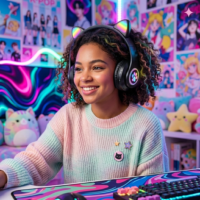 1/(1) سماعات رأس لاسلكية STN-28 فوق الأذن بتصميم آذان قطة لطيفة مع إضاءة ليد