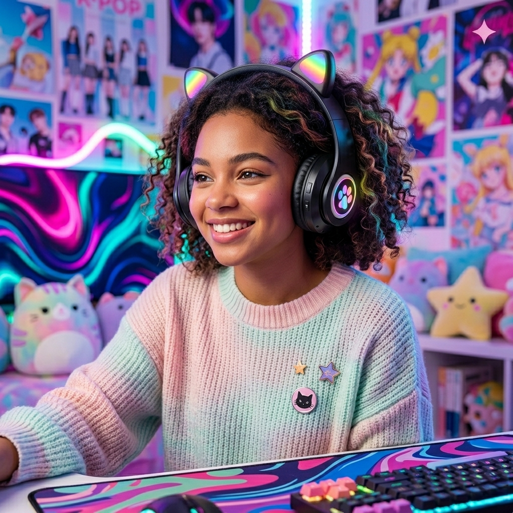 سماعات رأس لاسلكية STN-28 فوق الأذن بتصميم آذان قطة لطيفة مع إضاءة ليد