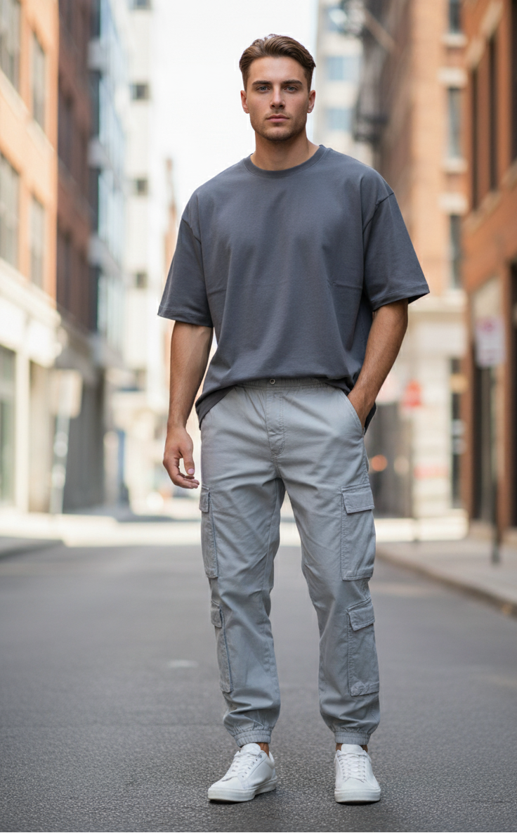 بنطلون كارجو باجي مع رباط و جيوب كبيرة، فضفاض، خصر برباط، جيوب متعددة، لون موحد، نسيج متين