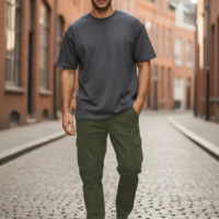 بنطلون كارجو باجي مع رباط و جيوب كبيرة، فضفاض، خصر برباط، جيوب متعددة، لون موحد، نسيج متين