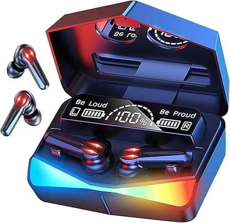 M28 سماعات أذن لاسلكية بلوتوث 5.1 للألعاب، سماعات رأس بشاشة LED، تحكم باللمس، ميكروفون مدمج، وضع مزدوج للموسيقى والألعاب، مقاومة للماء