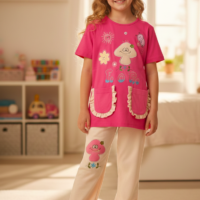 بيجاما بناتي بطباعة لطيفة  تيشيرت نص كم وبنطلون خامة ليكرا قطن ناعمة مريحة بتصميم عصري مناسبة للنوم والبيت