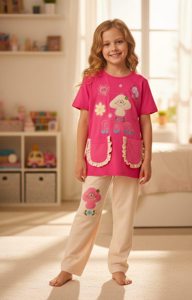 بيجاما بناتي بطباعة لطيفة  تيشيرت نص كم وبنطلون خامة ليكرا قطن ناعمة مريحة بتصميم عصري مناسبة للنوم والبيت