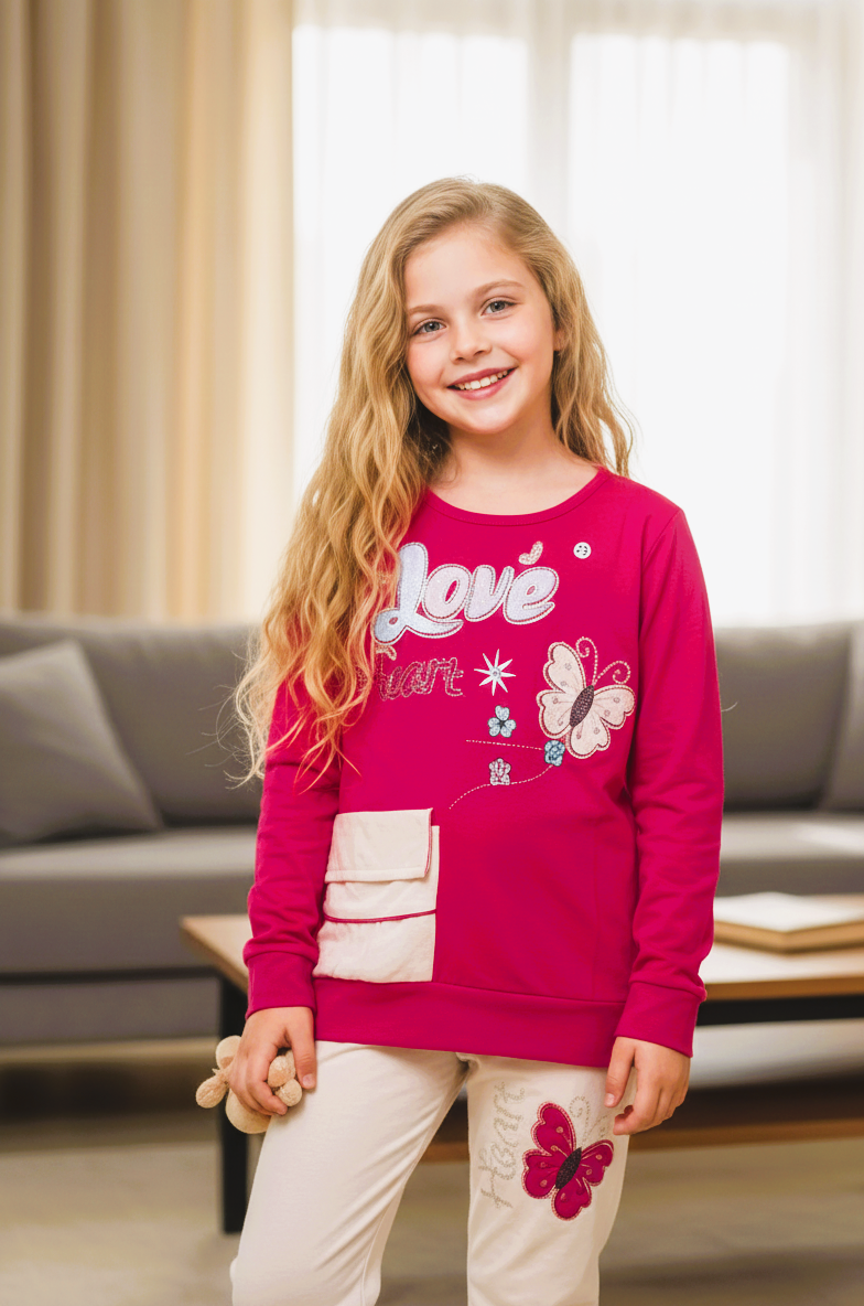 بيجاما بناتي  تيشيرت كم وبنطلون خامة ليكرا قطن ناعمة مريحة بتصميم عصري مناسبة للنوم والبيت