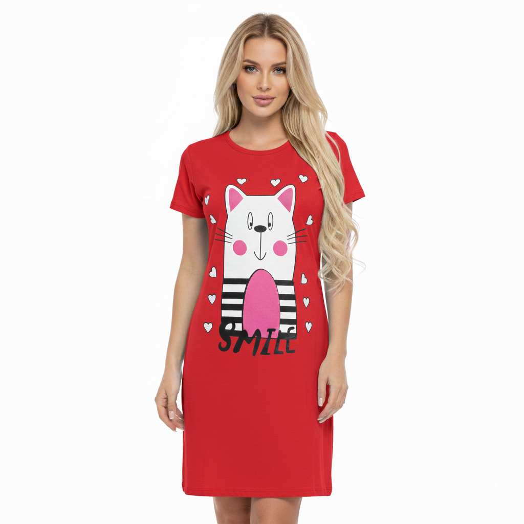 قميص نوم نسائي قصير الأكمام من القطن، بطبعة قطة مبتسمة مع قلوب، مقاس موحد حتى 85 كيلو