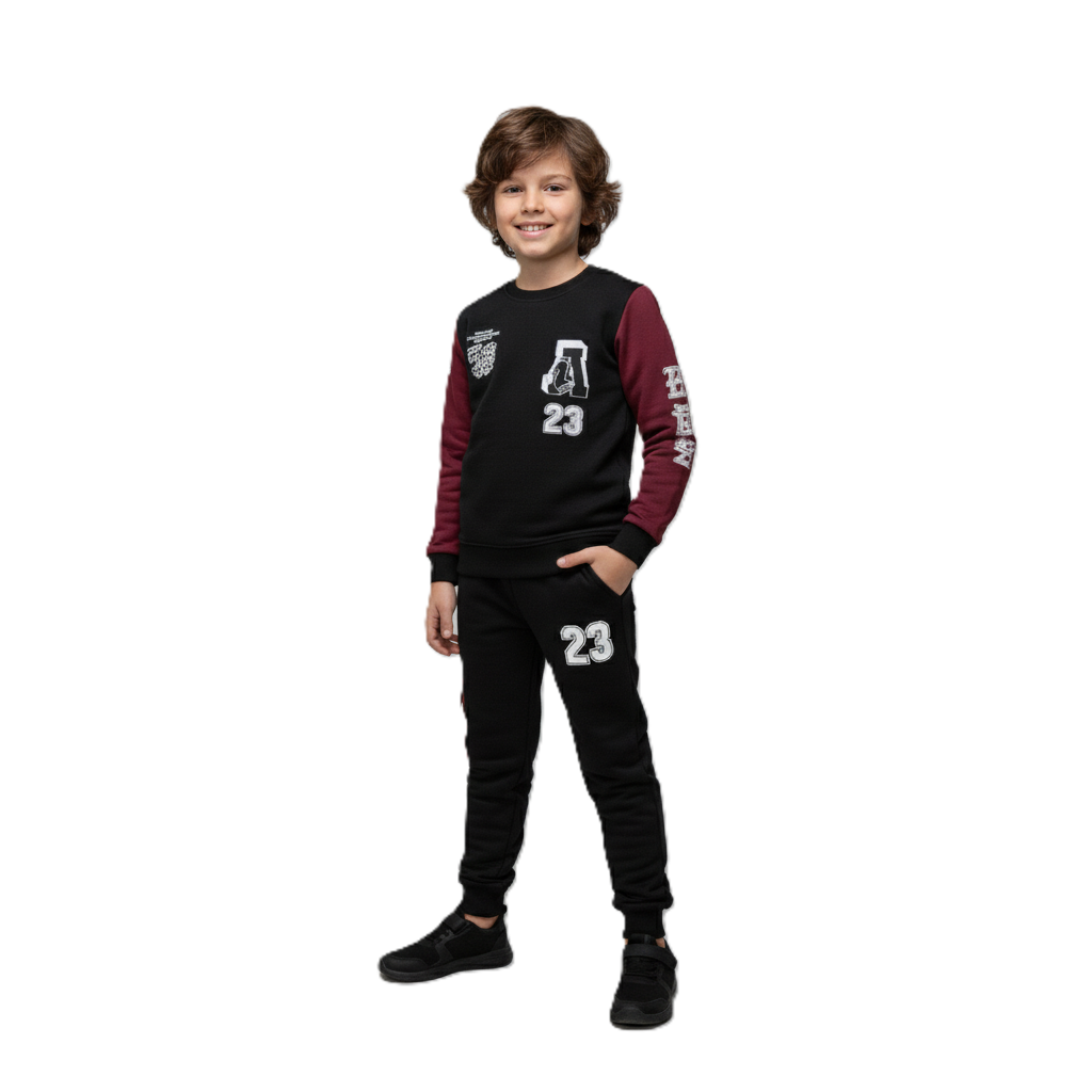 طقم بيجامة للاولاد مكون من قطعتين مكون من سويت شيرت بغطاء للرأس واكمام طويلة وبنطلون مطبوع