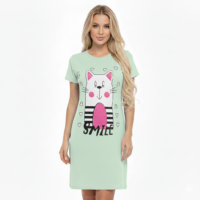 قميص نوم نسائي قصير الأكمام من القطن، بطبعة قطة مبتسمة مع قلوب، مقاس موحد حتى 85 كيلو