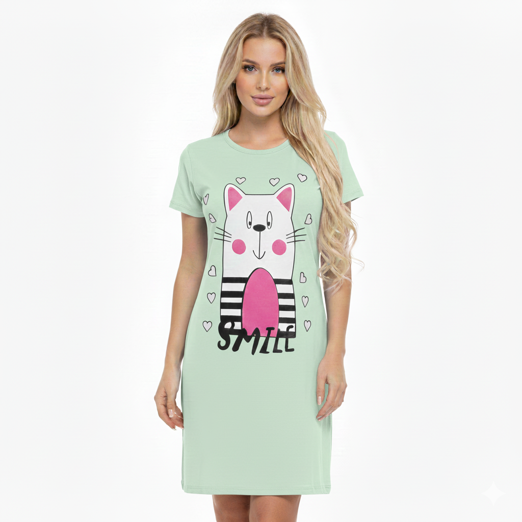 قميص نوم نسائي قصير الأكمام من القطن، بطبعة قطة مبتسمة مع قلوب، مقاس موحد حتى 85 كيلو