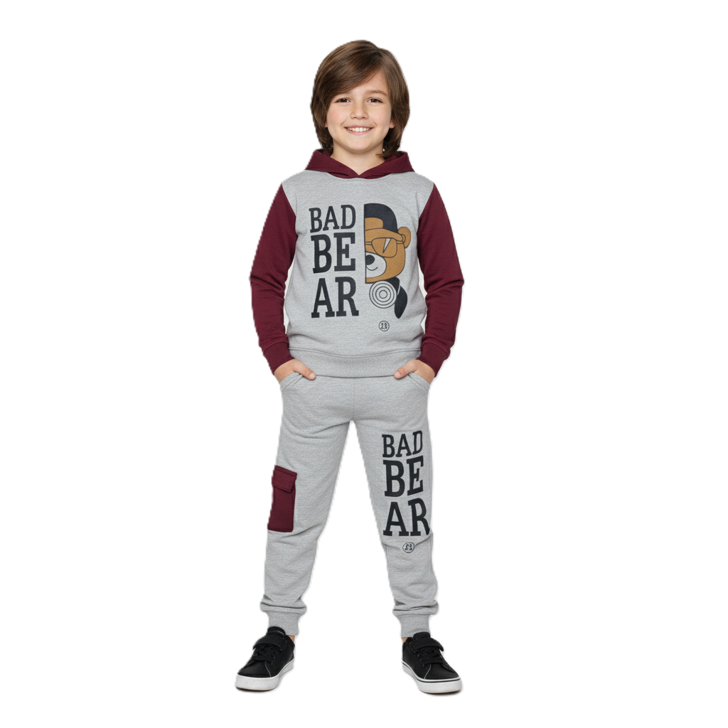 طقم بيجامة للاولاد مكون من قطعتين مكون من سويت شيرت بغطاء للرأس واكمام طويلة وبنطلون مطبوع