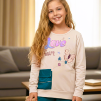 بيجاما بناتي  تيشيرت كم وبنطلون خامة ليكرا قطن ناعمة مريحة بتصميم عصري مناسبة للنوم والبيت