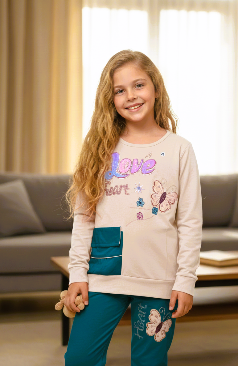 بيجاما بناتي  تيشيرت كم وبنطلون خامة ليكرا قطن ناعمة مريحة بتصميم عصري مناسبة للنوم والبيت