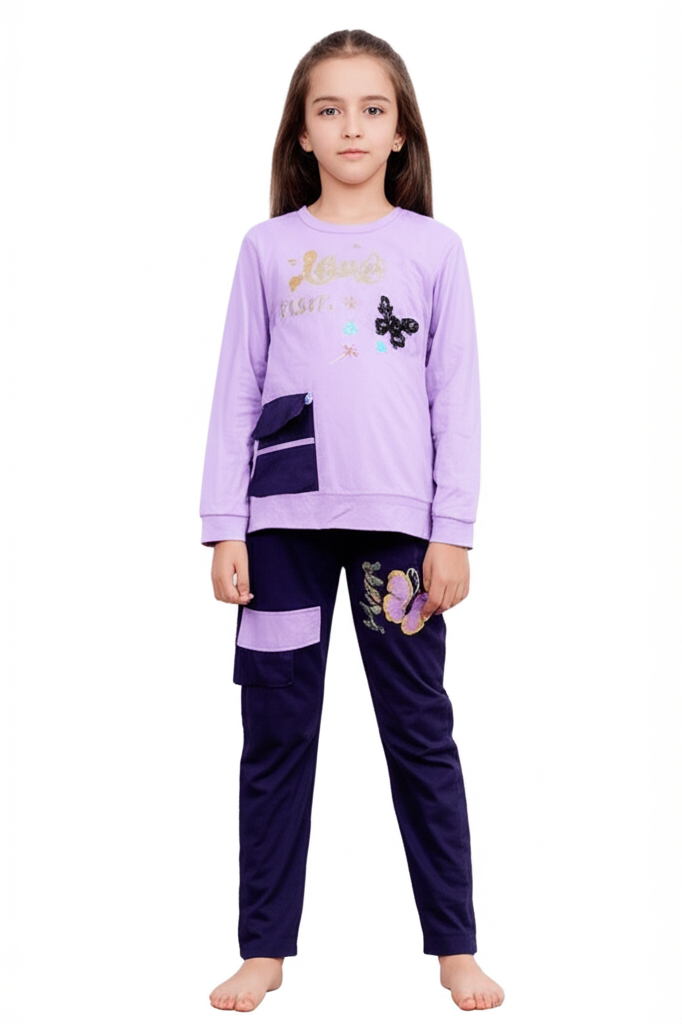 بيجاما بناتي  تيشيرت كم وبنطلون خامة ليكرا قطن ناعمة مريحة بتصميم عصري مناسبة للنوم والبيت