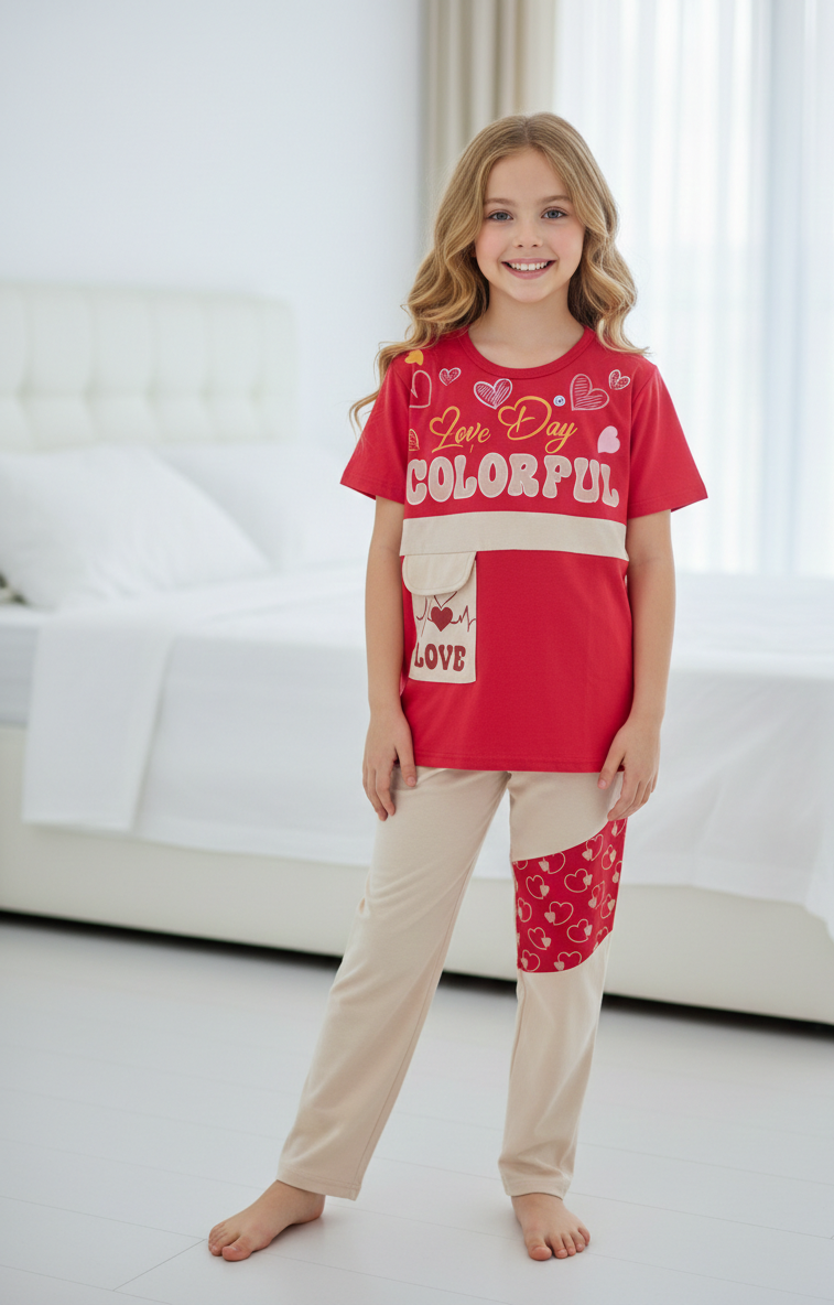 Gemini_Generated_Image_fw64oefw64oefw64 بيجاما بناتي بطباعة لطيفة تيشيرت نص كم وبنطلون خامة ليكرا قطن ناعمة مريحة بتصميم عصري مناسبة للنوم والبيت