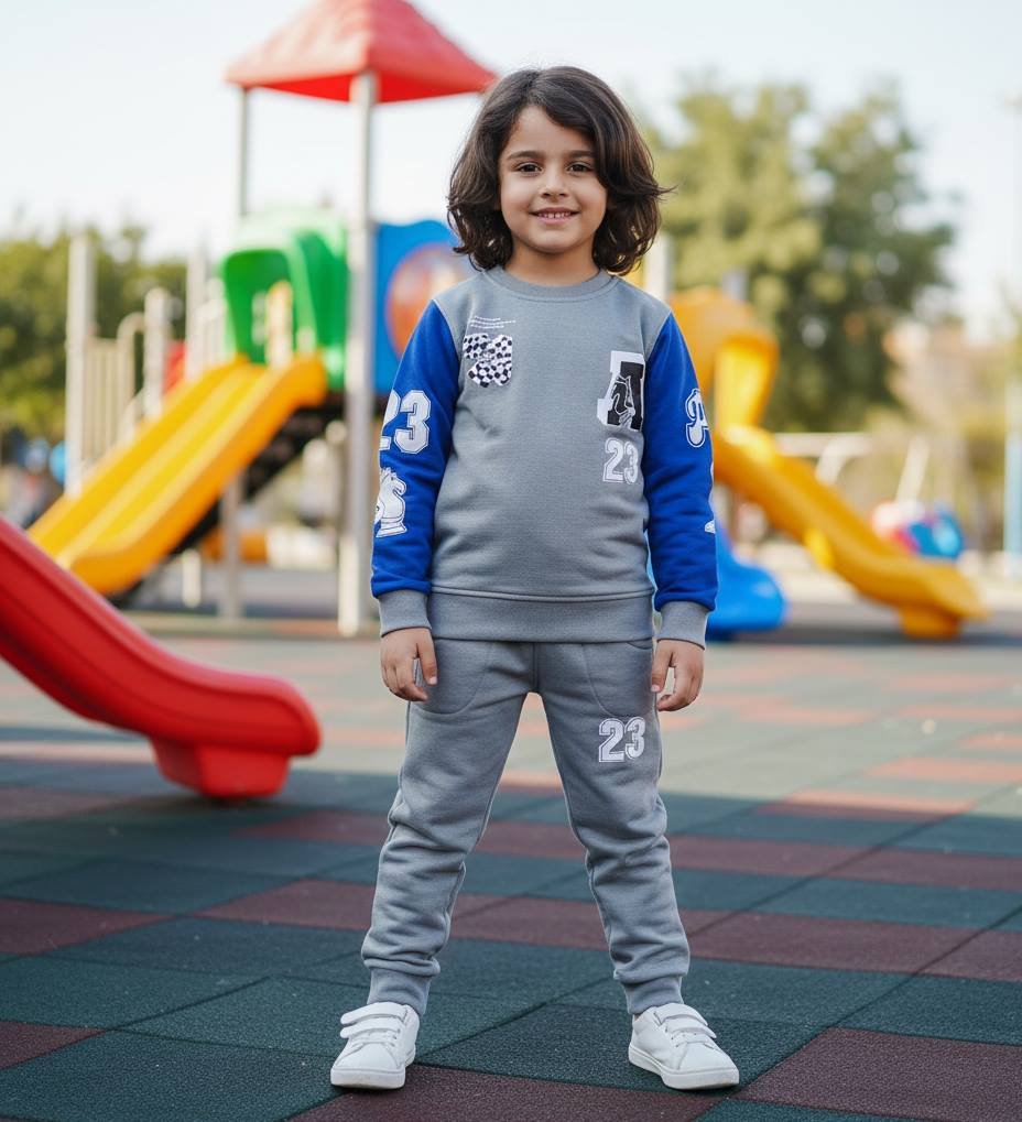 طقم بيجامة للاولاد مكون من قطعتين مكون من سويت شيرت بغطاء للرأس واكمام طويلة وبنطلون مطبوع