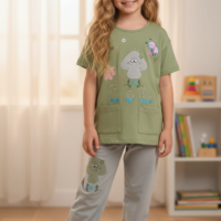 بيجاما بناتي بطباعة لطيفة  تيشيرت نص كم وبنطلون خامة ليكرا قطن ناعمة مريحة بتصميم عصري مناسبة للنوم والبيت