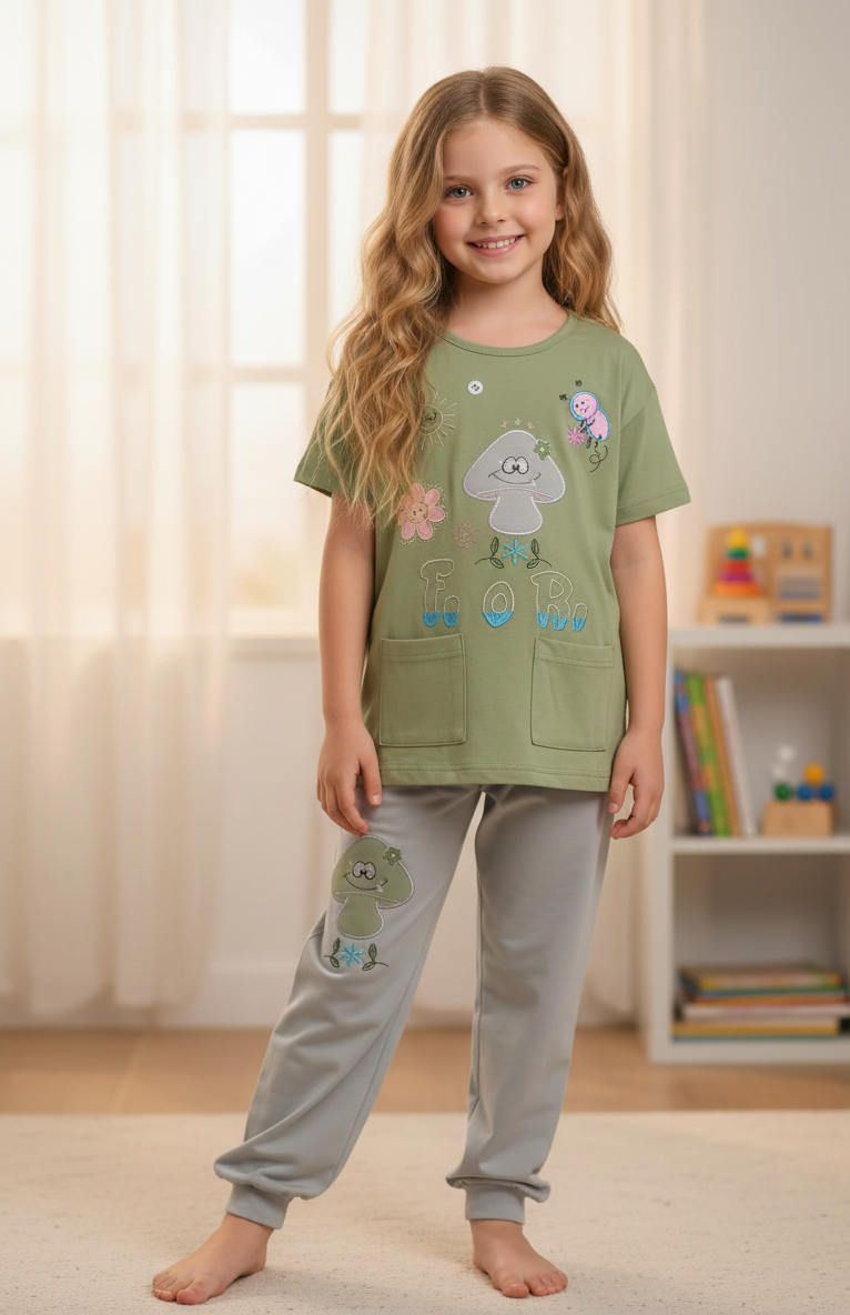 بيجاما بناتي بطباعة لطيفة  تيشيرت نص كم وبنطلون خامة ليكرا قطن ناعمة مريحة بتصميم عصري مناسبة للنوم والبيت