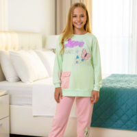 بيجاما بناتي  تيشيرت كم وبنطلون خامة ليكرا قطن ناعمة مريحة بتصميم عصري مناسبة للنوم والبيت