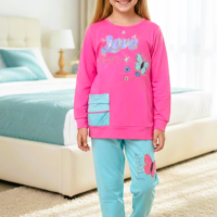 بيجاما بناتي  تيشيرت كم وبنطلون خامة ليكرا قطن ناعمة مريحة بتصميم عصري مناسبة للنوم والبيت