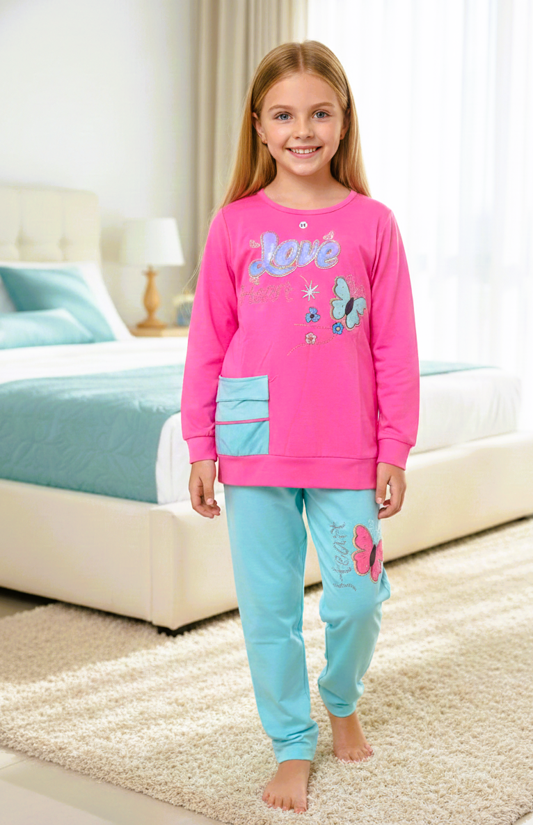 بيجاما بناتي  تيشيرت كم وبنطلون خامة ليكرا قطن ناعمة مريحة بتصميم عصري مناسبة للنوم والبيت