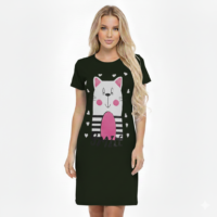 قميص نوم نسائي قصير الأكمام من القطن، بطبعة قطة مبتسمة مع قلوب، مقاس موحد حتى 85 كيلو