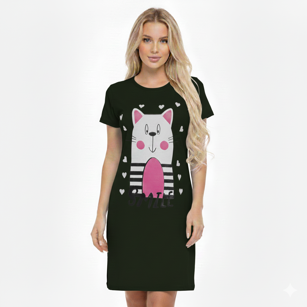 قميص نوم نسائي قصير الأكمام من القطن، بطبعة قطة مبتسمة مع قلوب، مقاس موحد حتى 85 كيلو