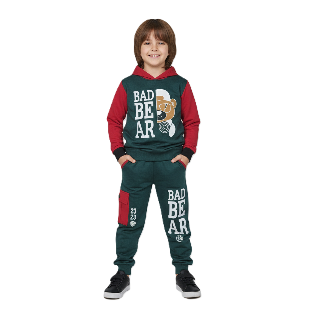 طقم بيجامة للاولاد مكون من قطعتين مكون من سويت شيرت بغطاء للرأس واكمام طويلة وبنطلون مطبوع