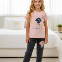 بيجاما بناتي بطباعة لطيفة  تيشيرت نص كم وبنطلون خامة ليكرا قطن ناعمة مريحة بتصميم عصري مناسبة للنوم والبيت