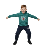 طقم بيجامة للاولاد مكون من قطعتين مكون من سويت شيرت بغطاء للرأس واكمام طويلة وبنطلون مطبوع