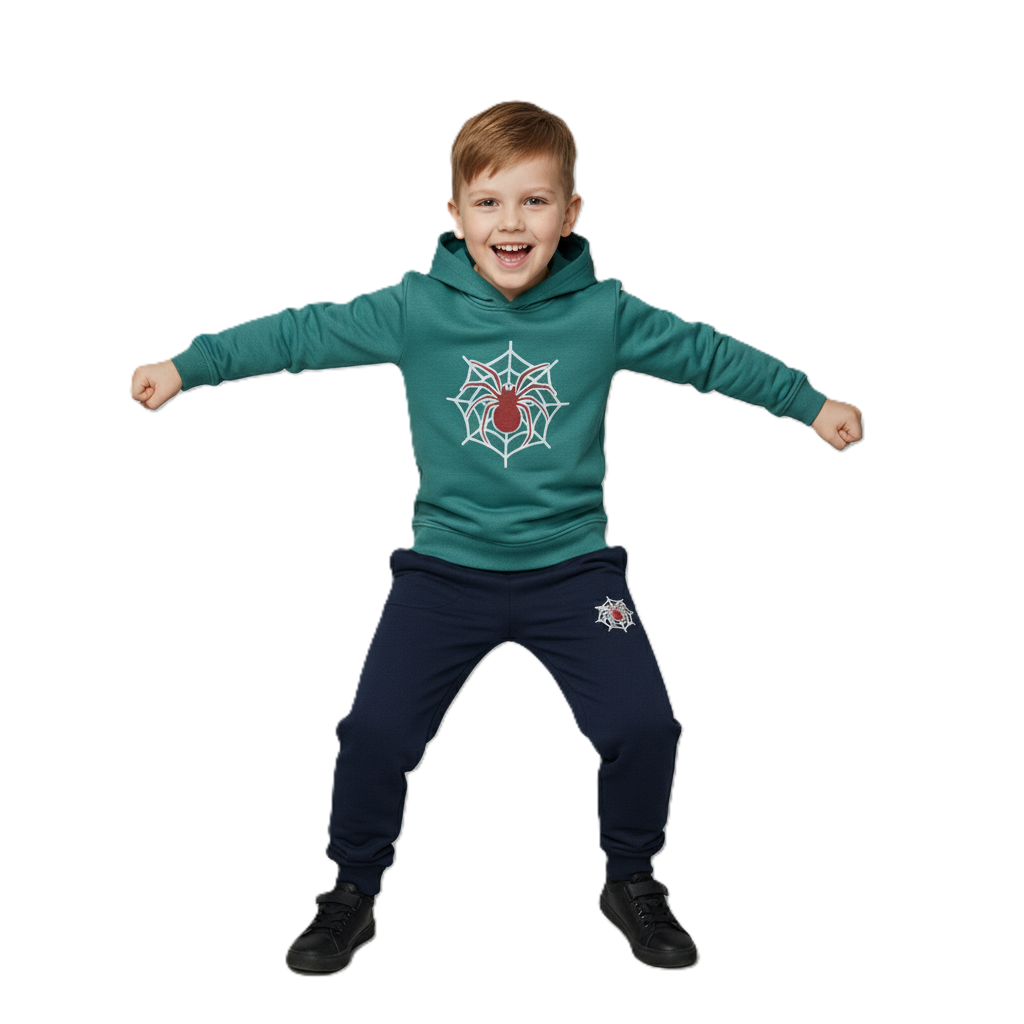 طقم بيجامة للاولاد مكون من قطعتين مكون من سويت شيرت بغطاء للرأس واكمام طويلة وبنطلون مطبوع