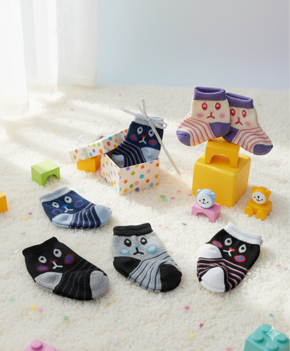 طقم شرابات قطن بتصميمات مرحة  يحتوي على 5 أزواج + زوج هدية – تصاميم مرحة، خامة مريحة